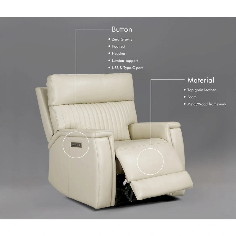 Fauteuil inclinable électrique zéro gravité en cuir avec appui-tête électrique et soutien lombaire électrique, ports USB et USB-C