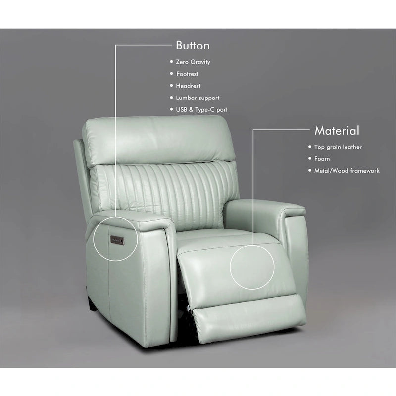 Fauteuil inclinable électrique zéro gravité en cuir avec appui-tête électrique et soutien lombaire électrique, ports USB et USB-C