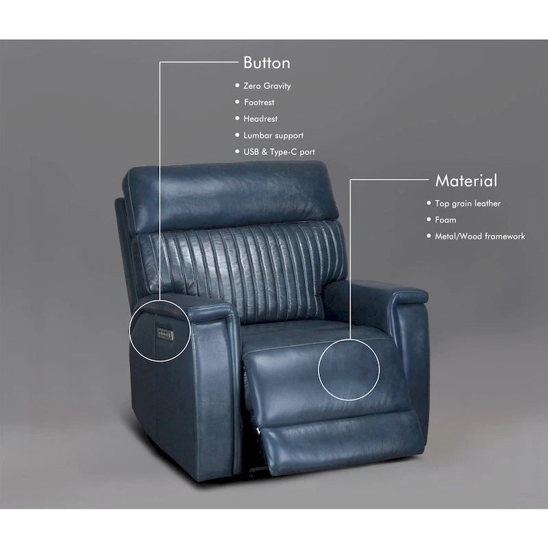 Fauteuil inclinable électrique zéro gravité en cuir avec appui-tête électrique et soutien lombaire électrique, ports USB et USB-C