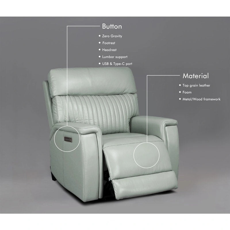 Fauteuil inclinable électrique zéro gravité en cuir avec appui-tête électrique et soutien lombaire électrique, ports USB et USB-C