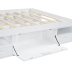 Lit plateforme Queen, tiroirs de rangement, étagères ouvertes, sans sommier tapissier, blanc