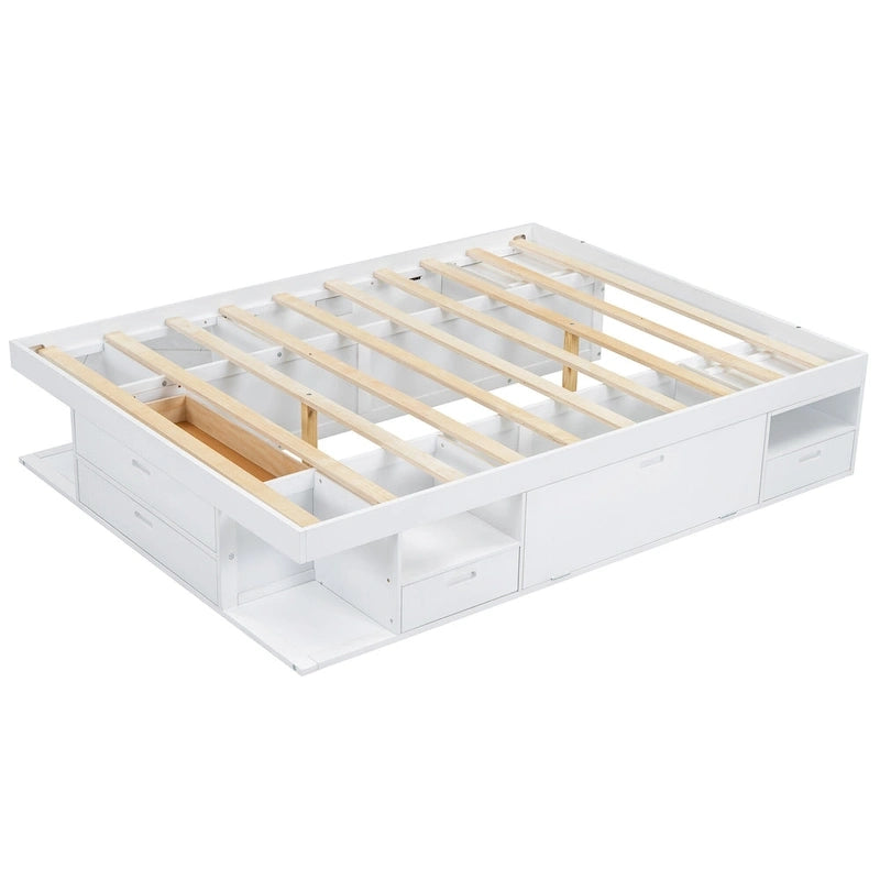 Lit plateforme Queen, tiroirs de rangement, étagères ouvertes, sans sommier tapissier, blanc