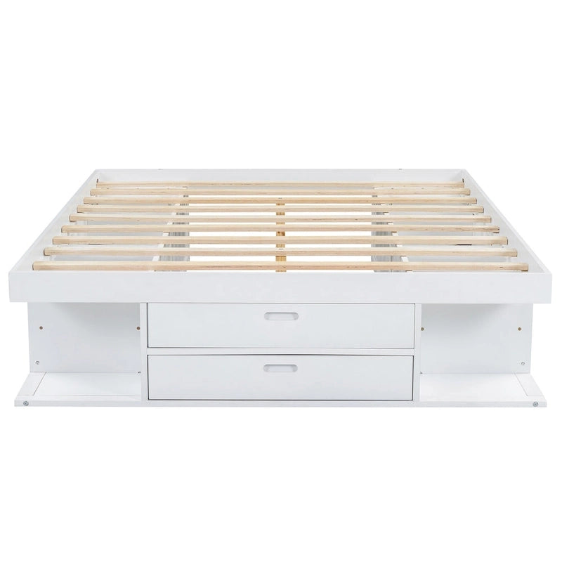 Lit plateforme Queen, tiroirs de rangement, étagères ouvertes, sans sommier tapissier, blanc