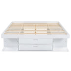 Lit plateforme Queen, tiroirs de rangement, étagères ouvertes, sans sommier tapissier, blanc