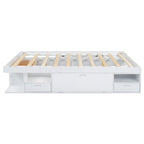 Lit plateforme Queen, tiroirs de rangement, étagères ouvertes, sans sommier tapissier, blanc