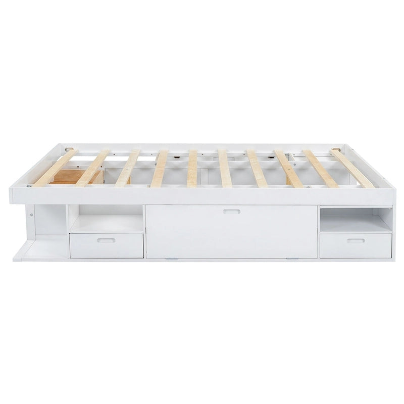 Lit plateforme Queen, tiroirs de rangement, étagères ouvertes, sans sommier tapissier, blanc