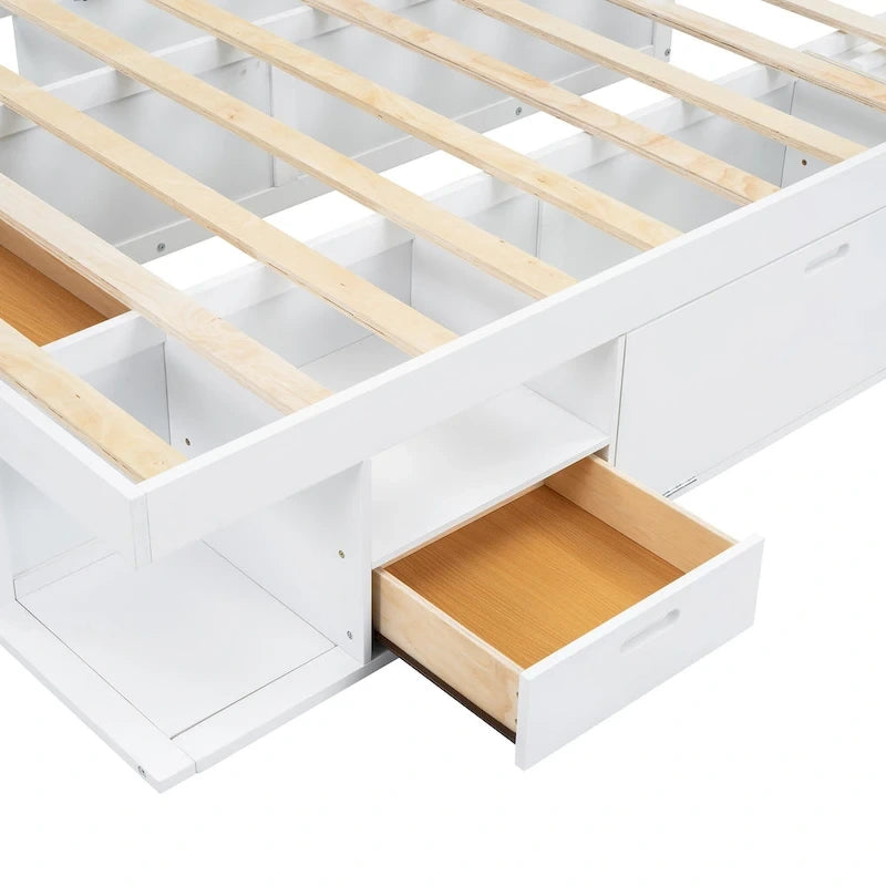 Lit plateforme Queen, tiroirs de rangement, étagères ouvertes, sans sommier tapissier, blanc