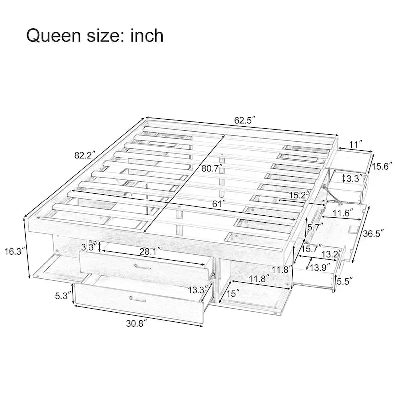 Lit plateforme Queen, tiroirs de rangement, étagères ouvertes, sans sommier tapissier, blanc