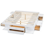 Lit plateforme Queen, tiroirs de rangement, étagères ouvertes, sans sommier tapissier, blanc