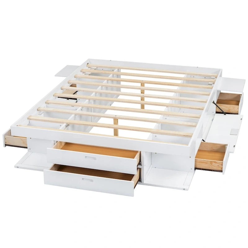 Lit plateforme Queen, tiroirs de rangement, étagères ouvertes, sans sommier tapissier, blanc