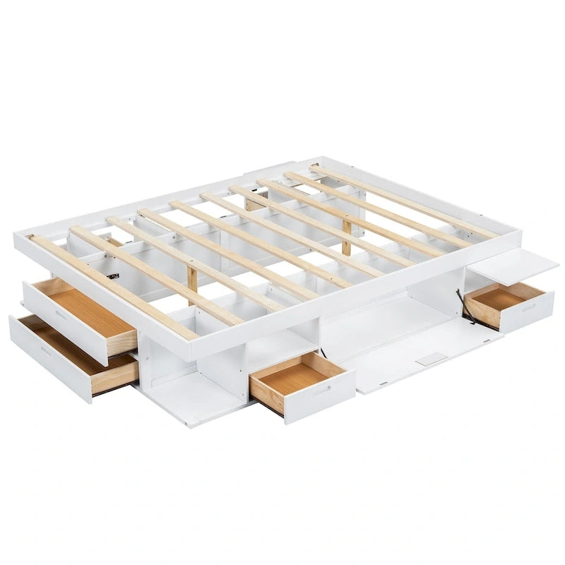 Lit plateforme Queen, tiroirs de rangement, étagères ouvertes, sans sommier tapissier, blanc
