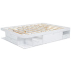 Lit plateforme Queen, tiroirs de rangement, étagères ouvertes, sans sommier tapissier, blanc