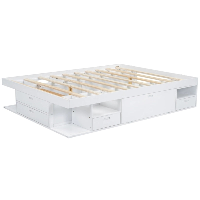 Lit plateforme Queen, tiroirs de rangement, étagères ouvertes, sans sommier tapissier, blanc