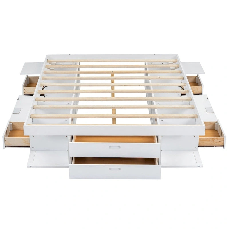 Lit plateforme Queen, tiroirs de rangement, étagères ouvertes, sans sommier tapissier, blanc