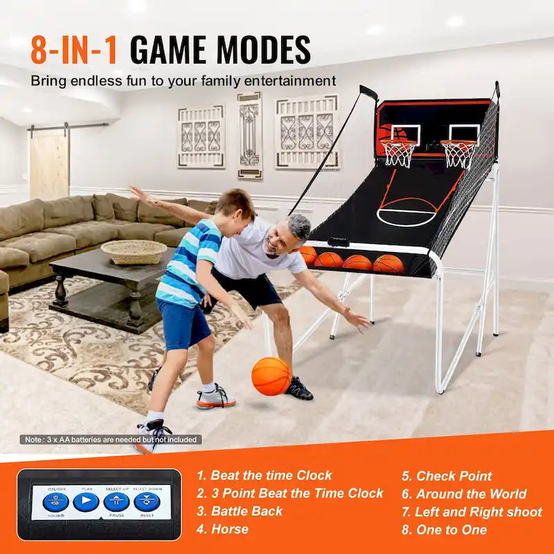 Jeu d'arcade de basketball pliable, jeu de basketball d'intérieur à 2 joueurs, jeu de sport double tir à domicile avec 8 modes de jeu et pompe de gonflage