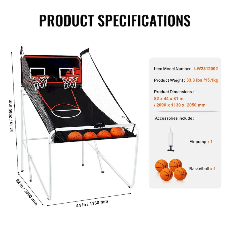 Jeu d'arcade de basketball pliable, jeu de basketball d'intérieur à 2 joueurs, jeu de sport double tir à domicile avec 8 modes de jeu et pompe de gonflage