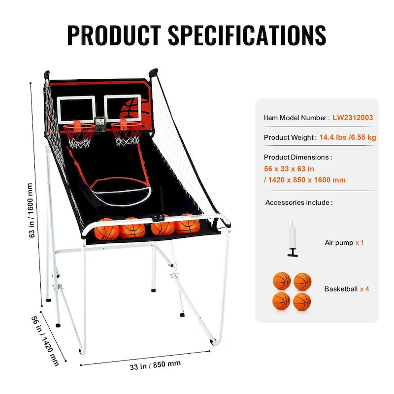 Jeu d'arcade de basketball pliable, jeu de basketball d'intérieur à 2 joueurs, jeu de sport double tir à domicile avec 8 modes de jeu et pompe de gonflage