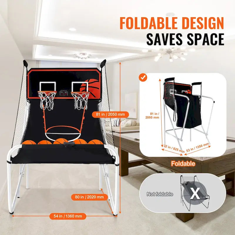 Jeu d'arcade de basketball pliable, jeu de basketball d'intérieur à 2 joueurs, jeu de sport double tir à domicile avec 8 modes de jeu et pompe de gonflage