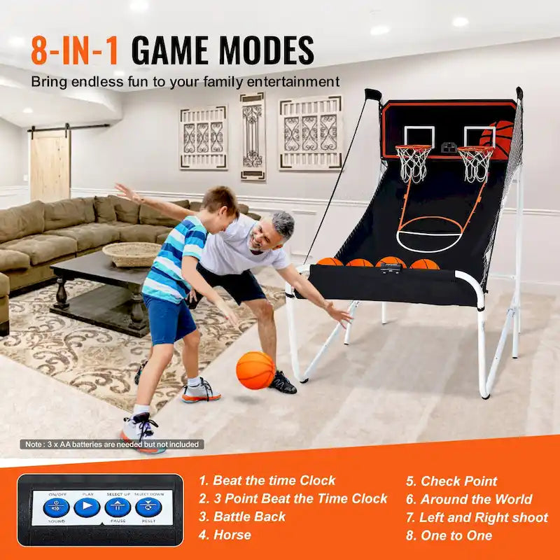 Jeu d'arcade de basketball pliable, jeu de basketball d'intérieur à 2 joueurs, jeu de sport double tir à domicile avec 8 modes de jeu et pompe de gonflage