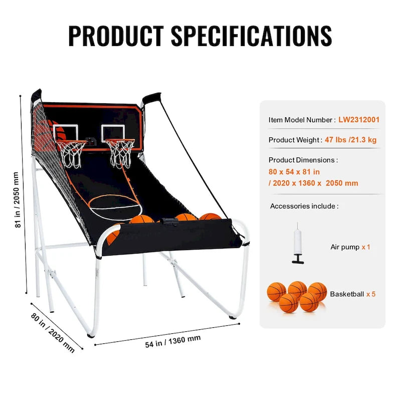 Jeu d'arcade de basketball pliable, jeu de basketball d'intérieur à 2 joueurs, jeu de sport double tir à domicile avec 8 modes de jeu et pompe de gonflage