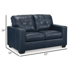 Causeuse Orion, sièges capitonnés en cuir véritable et synthétique bleu océan, 62 pouces