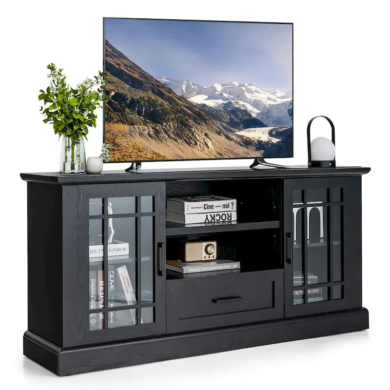 Meuble TV de ferme pour téléviseurs jusqu'à 70 po, meuble média avec verre