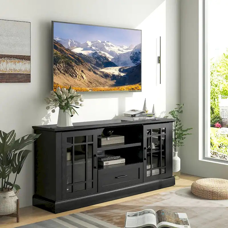 Meuble TV de ferme pour téléviseurs jusqu'à 70 po, meuble média avec verre