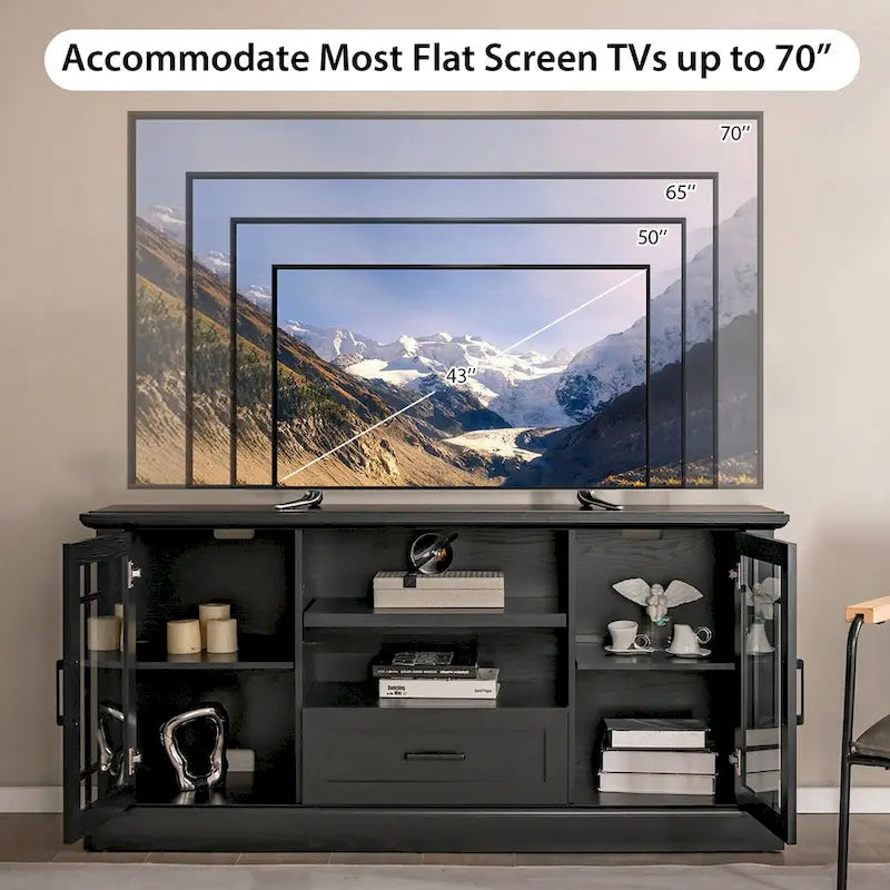 Meuble TV de ferme pour téléviseurs jusqu'à 70 po, meuble média avec verre