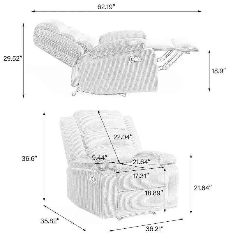 Fauteuil inclinable manuel moderne 36 W en coton/velours côtelé