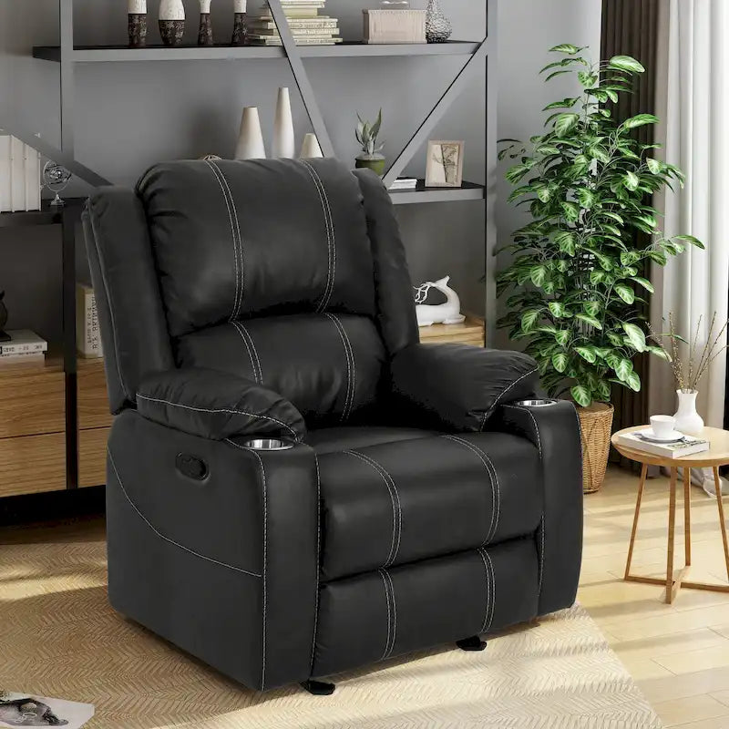 Fauteuil inclinable manuel contemporain noir avec porte-gobelets en acier, revêtement en similicuir PU moelleux, inclinaison réglable