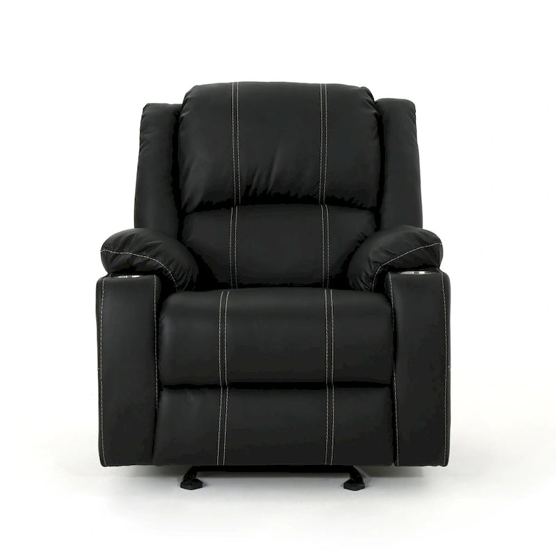 Fauteuil inclinable manuel contemporain noir avec porte-gobelets en acier, revêtement en similicuir PU moelleux, inclinaison réglable