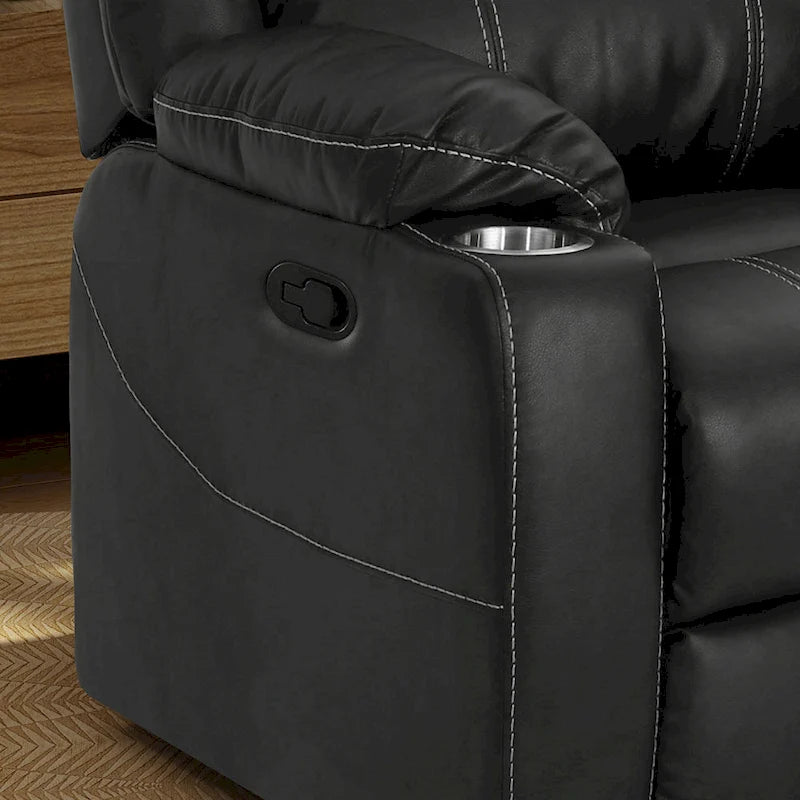 Fauteuil inclinable manuel contemporain noir avec porte-gobelets en acier, revêtement en similicuir PU moelleux, inclinaison réglable