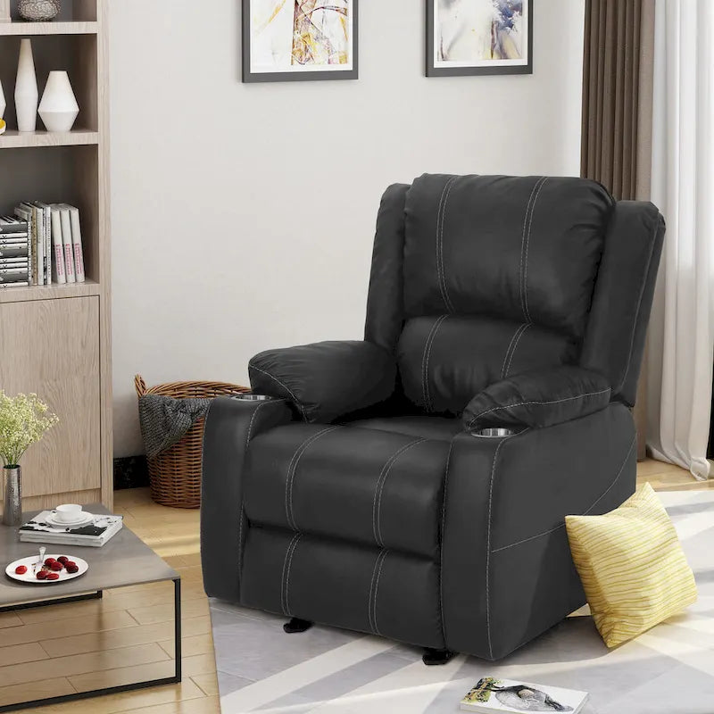 Fauteuil inclinable manuel contemporain noir avec porte-gobelets en acier, revêtement en similicuir PU moelleux, inclinaison réglable