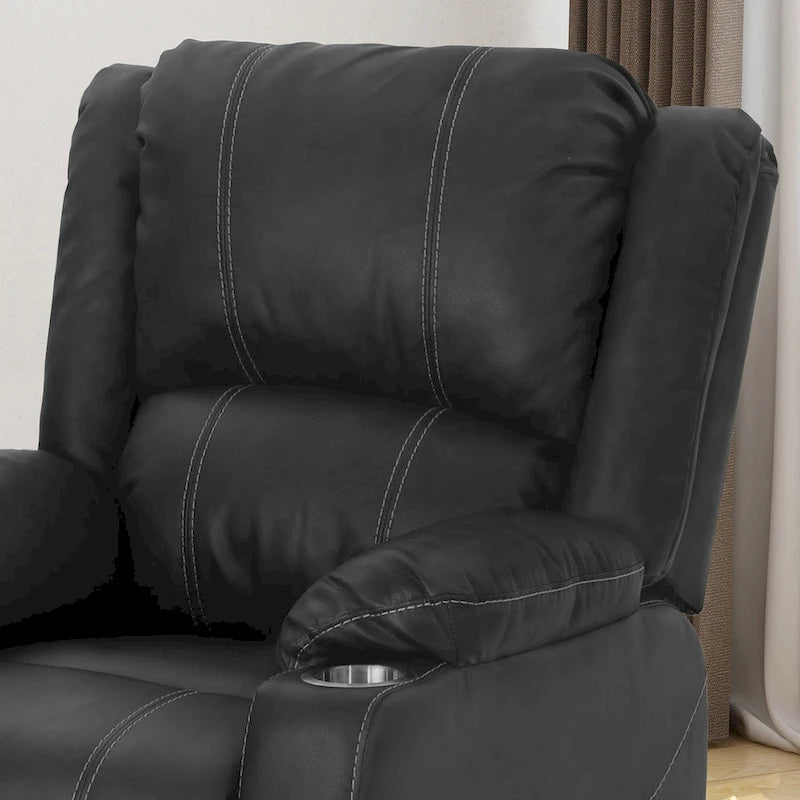 Fauteuil inclinable manuel contemporain noir avec porte-gobelets en acier, revêtement en similicuir PU moelleux, inclinaison réglable