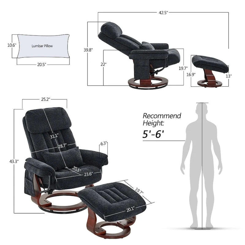 Fauteuil inclinable pivotant avec ottoman, chaise de bureau de loisirs, fauteuil ergonomique, tissu chenille 4687