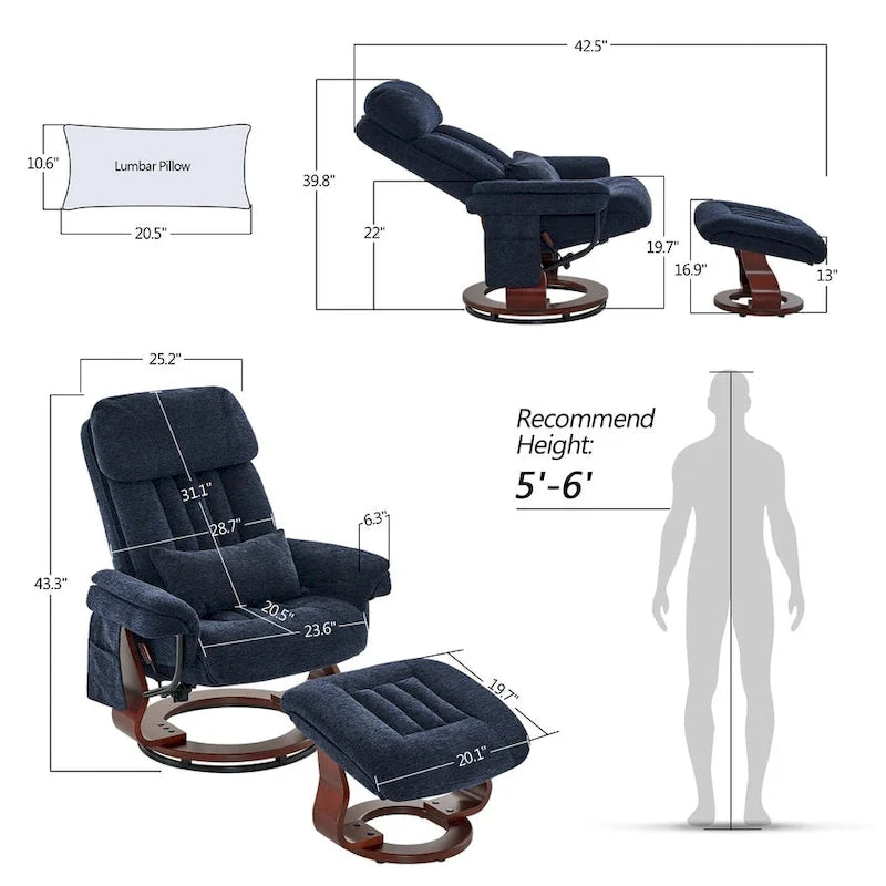 Fauteuil inclinable pivotant avec ottoman, chaise de bureau de loisirs, fauteuil ergonomique, tissu chenille 4687