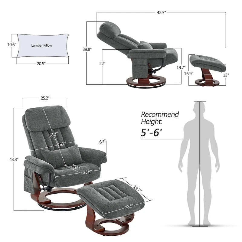 Fauteuil inclinable pivotant avec ottoman, chaise de bureau de loisirs, fauteuil ergonomique, tissu chenille 4687