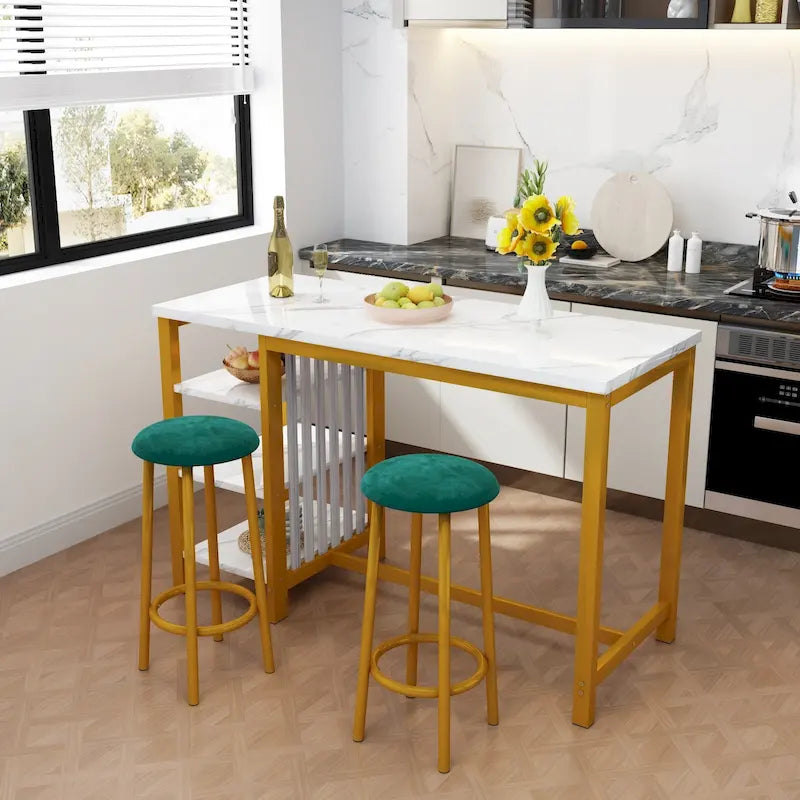 Ensemble de table de bar Grondin moderne contemporain 3 pièces en faux marbre avec 2 tabourets rembourrés et étagères de rangement supplémentaires