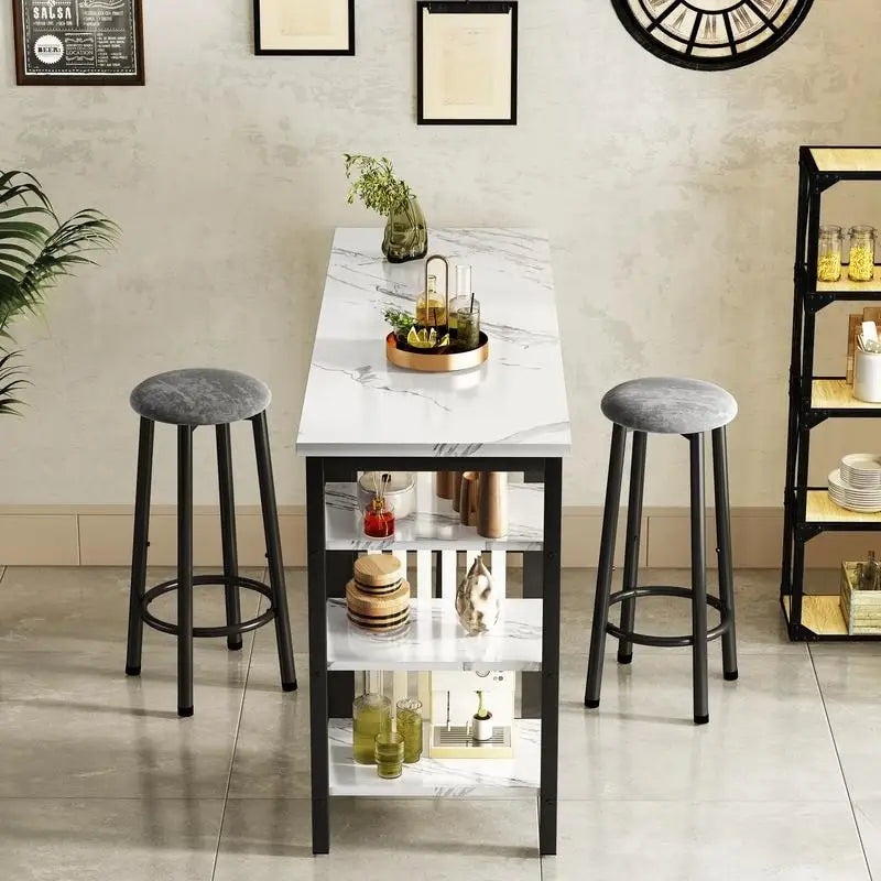 Ensemble de table de bar Grondin moderne contemporain 3 pièces en faux marbre avec 2 tabourets rembourrés et étagères de rangement supplémentaires