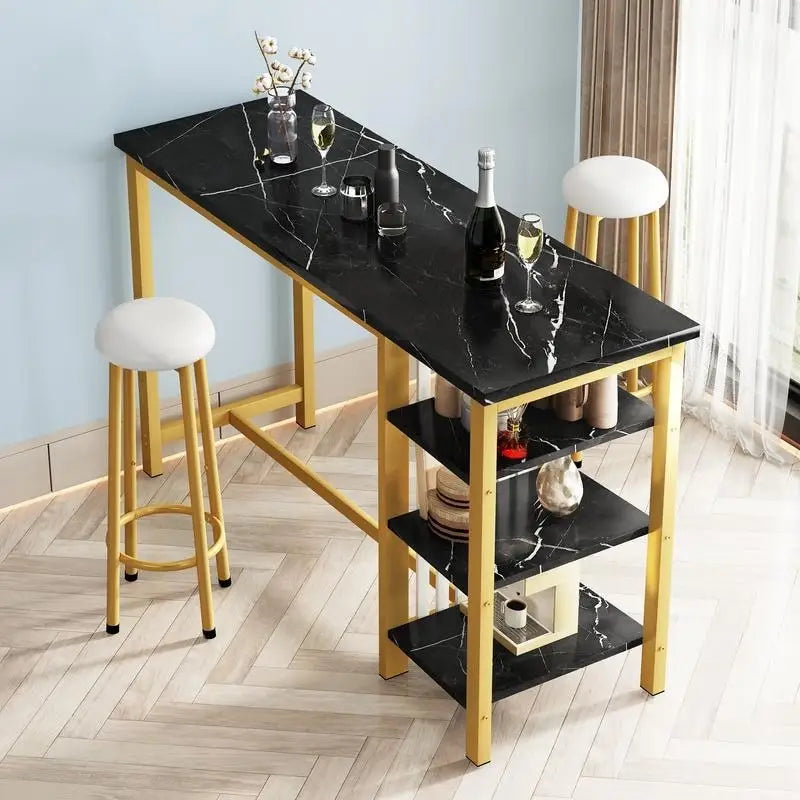 Ensemble de table de bar Grondin moderne contemporain 3 pièces en faux marbre avec 2 tabourets rembourrés et étagères de rangement supplémentaires