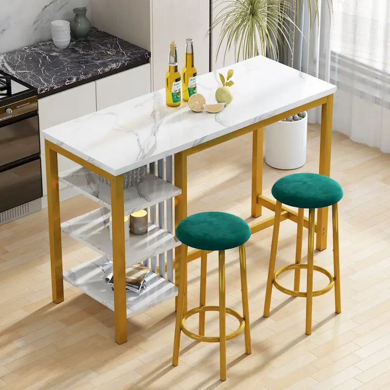 Grondin Modern Contemporary Faux Marble 3 Piece Bar Table Set with 2 Upholstered Stools and Extra Storage Shelves