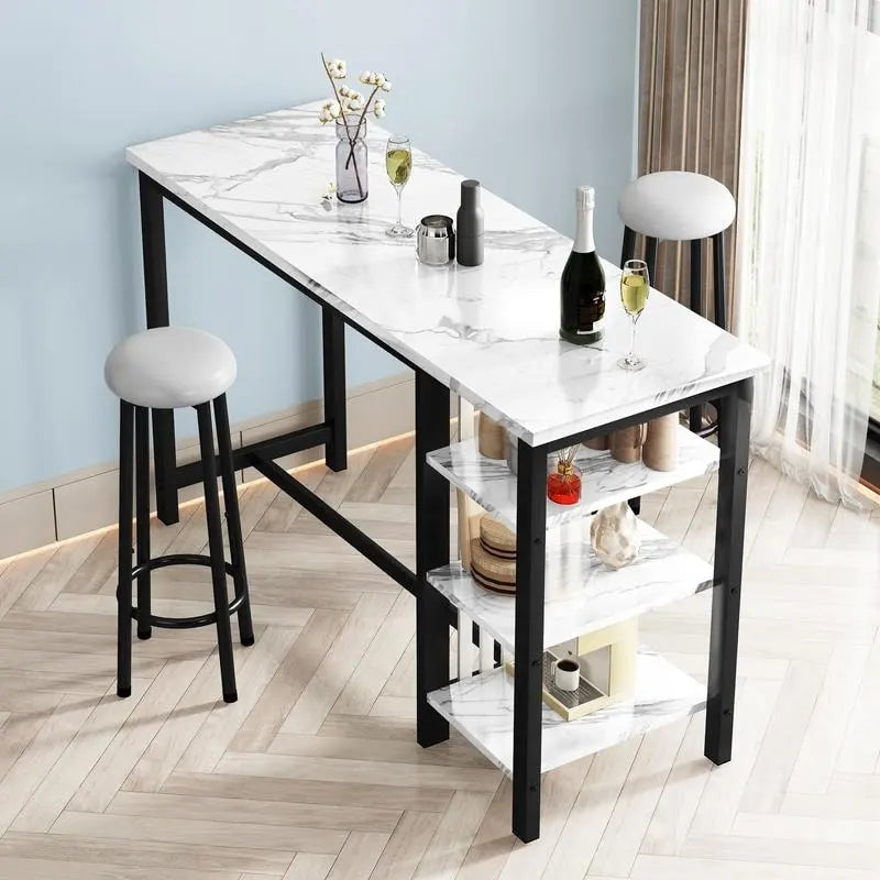 Ensemble de table de bar Grondin moderne contemporain 3 pièces en faux marbre avec 2 tabourets rembourrés et étagères de rangement supplémentaires