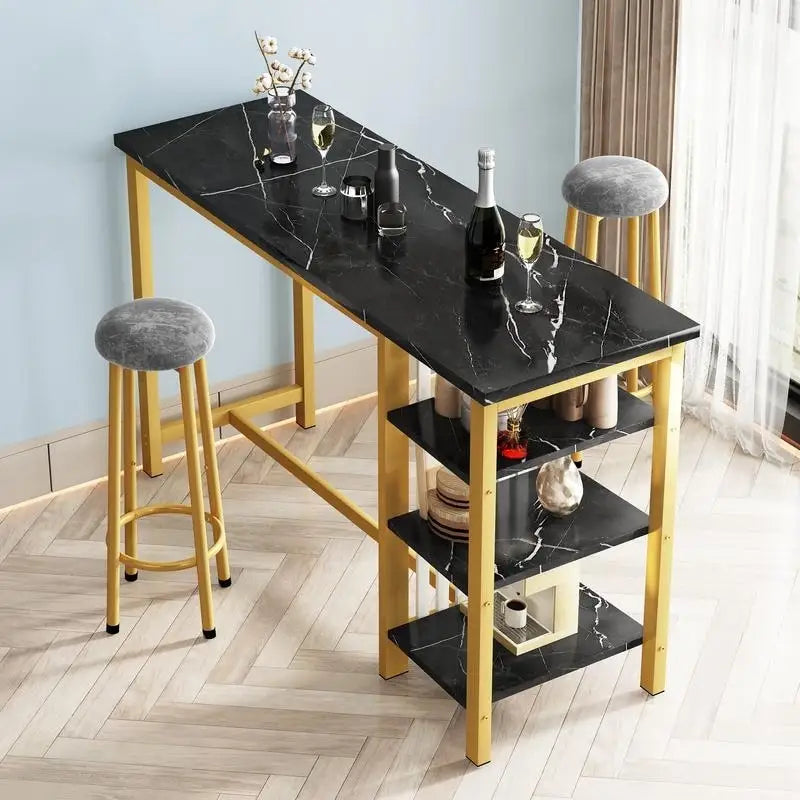 Ensemble de table de bar Grondin moderne contemporain 3 pièces en faux marbre avec 2 tabourets rembourrés et étagères de rangement supplémentaires