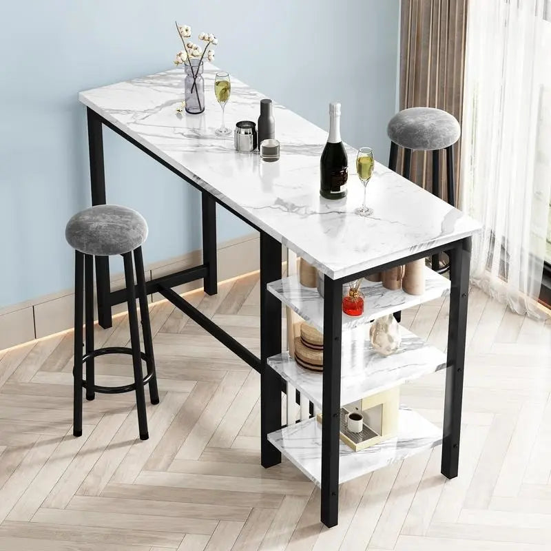 Ensemble de table de bar Grondin moderne contemporain 3 pièces en faux marbre avec 2 tabourets rembourrés et étagères de rangement supplémentaires