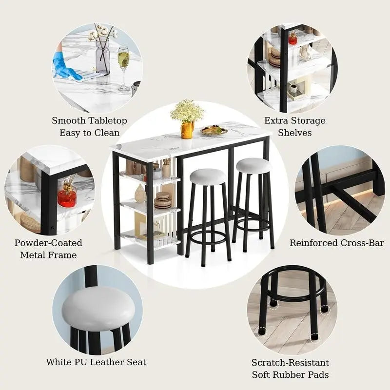 Ensemble de table de bar Grondin moderne contemporain 3 pièces en faux marbre avec 2 tabourets rembourrés et étagères de rangement supplémentaires