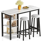 Ensemble de table de bar Grondin moderne contemporain 3 pièces en faux marbre avec 2 tabourets rembourrés et étagères de rangement supplémentaires