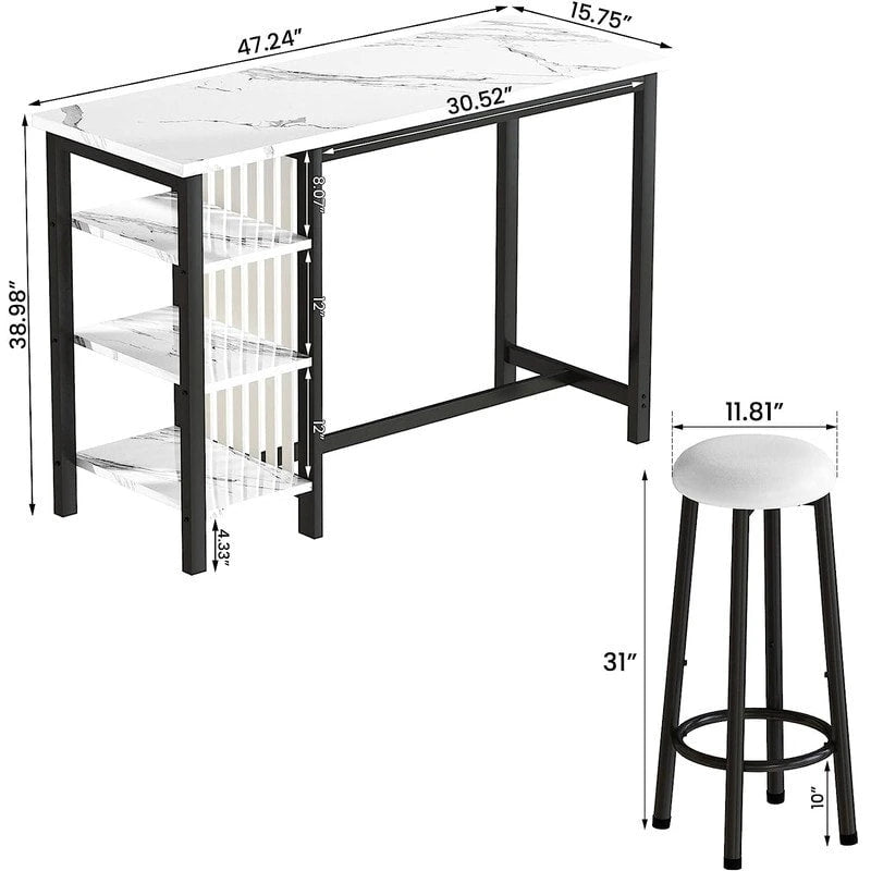 Ensemble de table de bar Grondin moderne contemporain 3 pièces en faux marbre avec 2 tabourets rembourrés et étagères de rangement supplémentaires