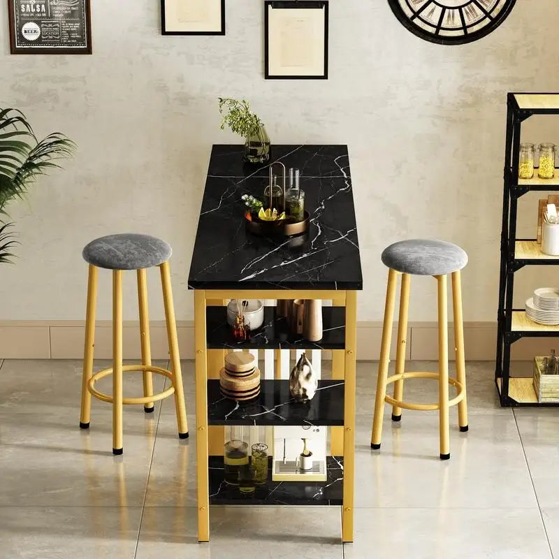 Ensemble de table de bar Grondin moderne contemporain 3 pièces en faux marbre avec 2 tabourets rembourrés et étagères de rangement supplémentaires