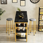 Ensemble de table de bar Grondin moderne contemporain 3 pièces en faux marbre avec 2 tabourets rembourrés et étagères de rangement supplémentaires