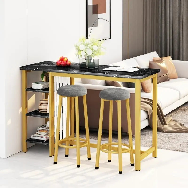 Ensemble de table de bar Grondin moderne contemporain 3 pièces en faux marbre avec 2 tabourets rembourrés et étagères de rangement supplémentaires